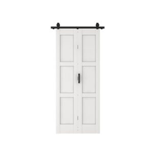 White PVC bifold door with black hardware and sliding mechanism, suitable for interior spaces, with a modern design and assembly required.