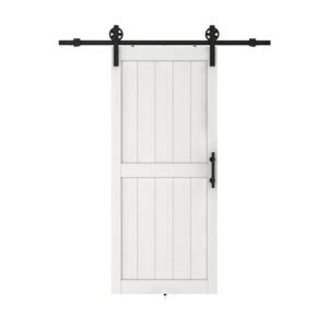 Sliding barn door with black hardware, white PVC finish, suitable for DIY assembly, perfect for interior or barn-style decor.