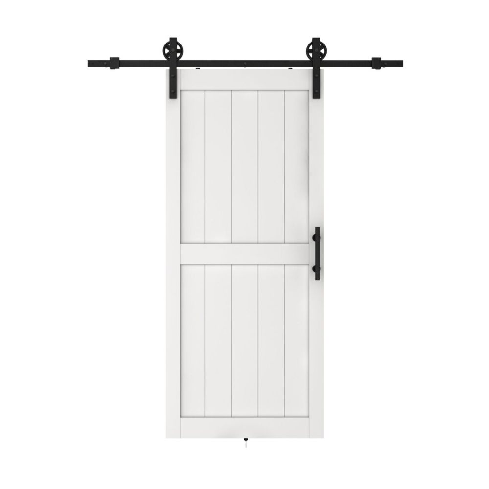 Sliding barn door with black hardware, white PVC finish, suitable for DIY assembly, perfect for interior or barn-style decor.