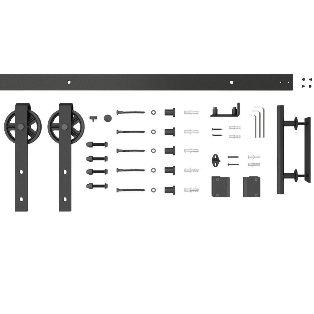 Complete barn door hardware kit with rollers, track, brackets, and screws for 36in x 84in barn doors, suitable for DIY installation.