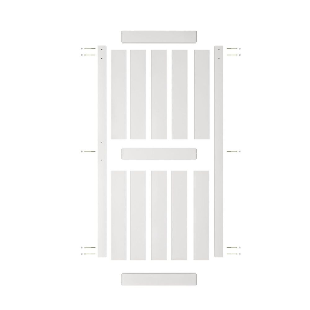 White PVC barn doors in knocked down assembly with hardware, suitable for DIY installation, measuring 36 inches by 84 inches.