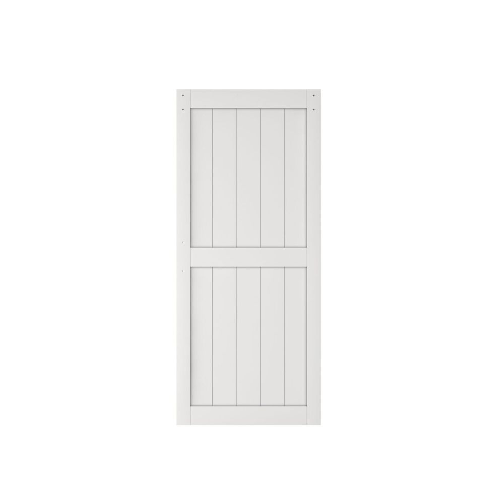 White wooden barn door with a classic H-shape design, suitable for DIY assembly and barn door hardware installation.