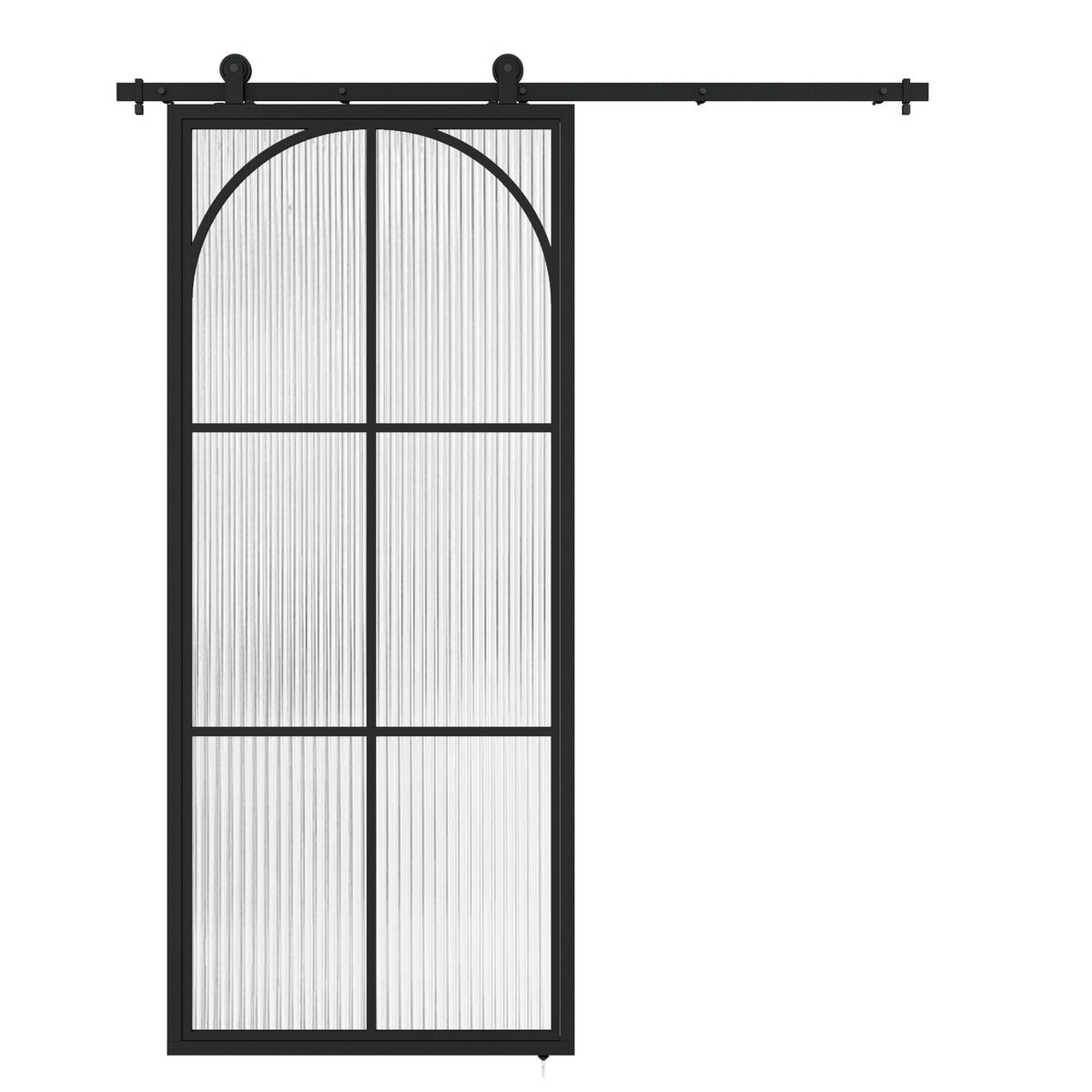Elegant black Versaille barn door with a grid design, perfect for modern or rustic interiors. Ready-to-install 84 in x 36 in sliding barn door for stylish space division.