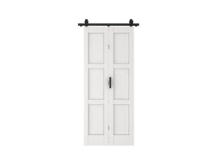 Elegant 36x84 inch knockdown bifold sharker door featuring a white PVC finish, ideal for modern interiors. Includes hardware for easy assembly, perfect for space-saving room dividers or closet doors.