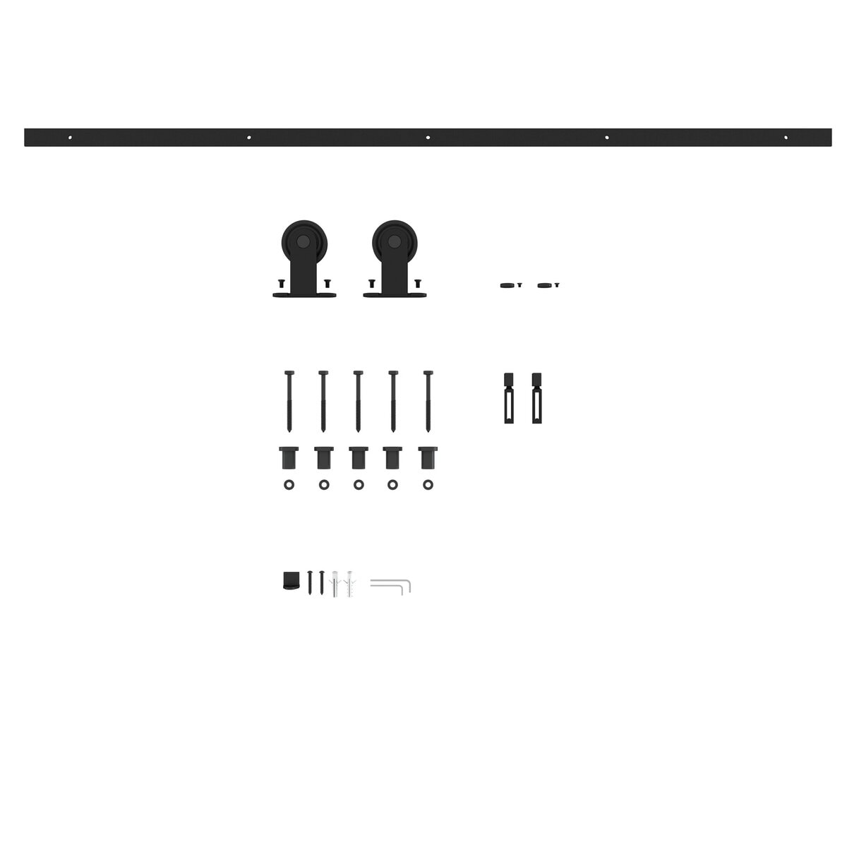 High-quality black barn door hardware set with rollers, tracks, and mounting hardware for easy installation.