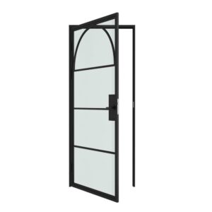 Modern steel glass hinged door with swing opening, black frame, and clear glass panels, ideal for commercial or residential entryways.