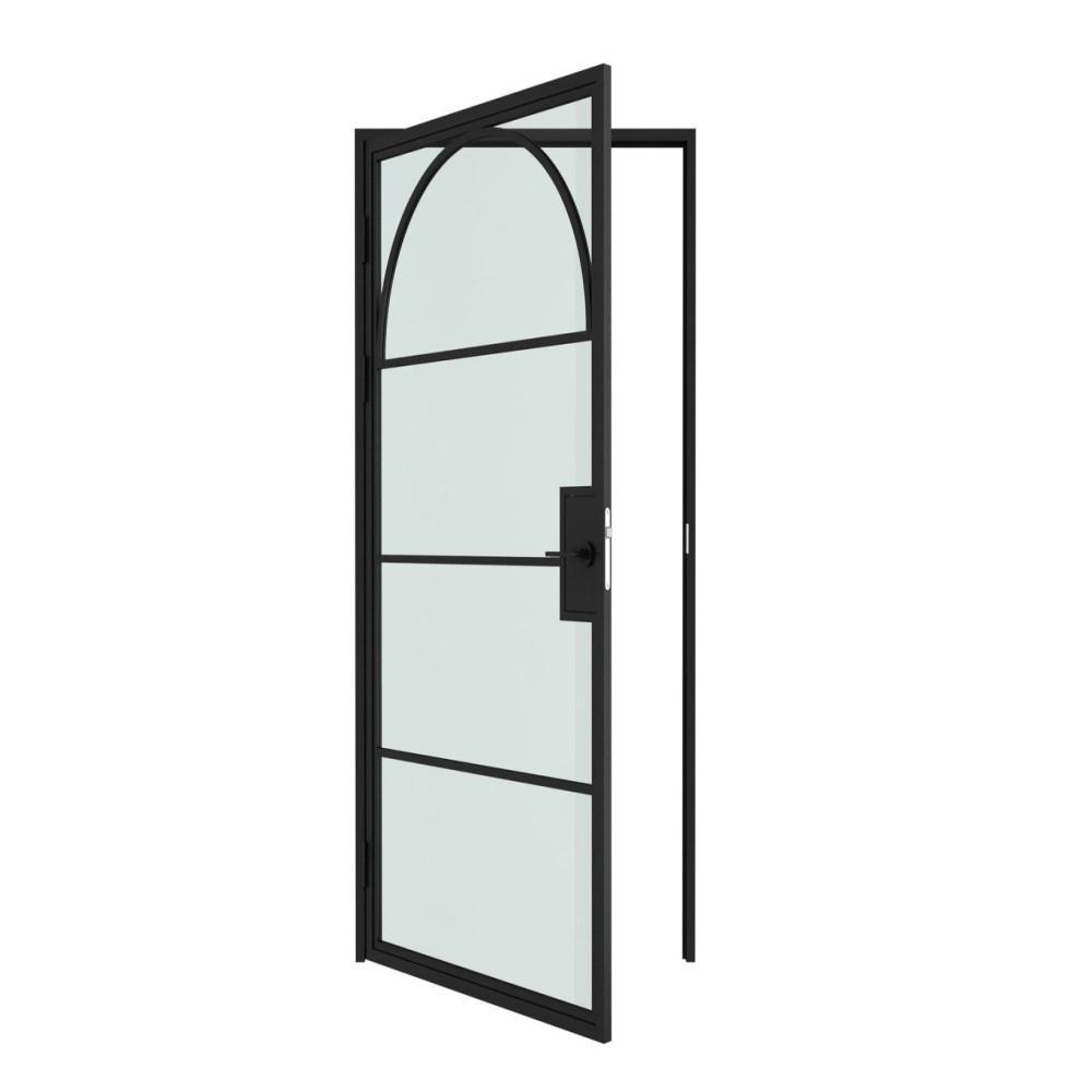 Modern steel glass hinged door with swing opening, black frame, and clear glass panels, ideal for commercial or residential entryways.