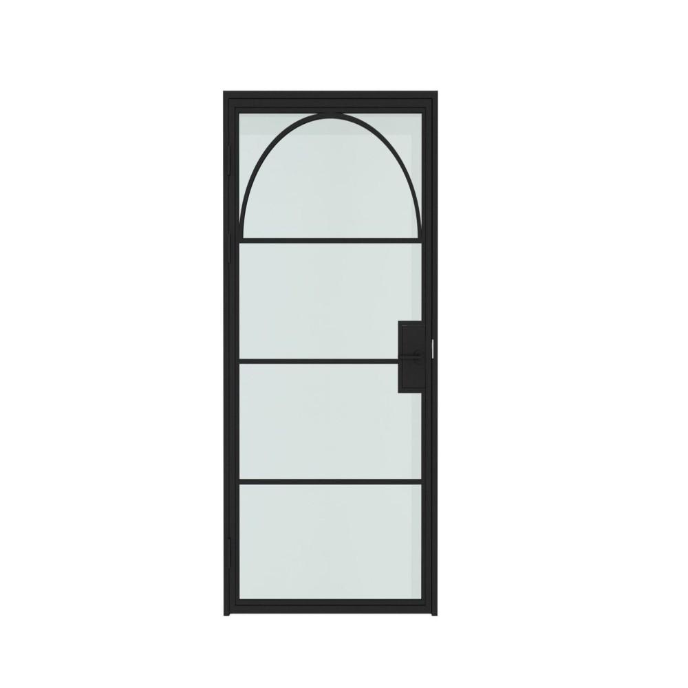 Modern steel glass hinged door with black frame and arched top, ideal for commercial or residential entryways, featuring swing opening and customizable size options.