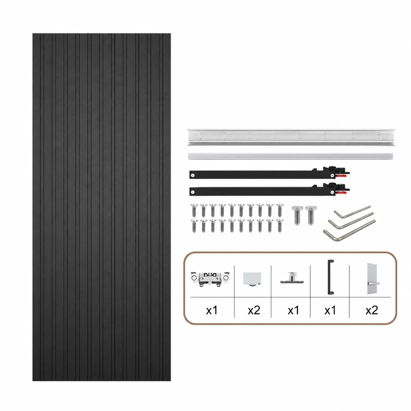 Componente pentru kit de ușă glisantă ascunsă de tip hambar, din oțel carbon și lemn, cu feronerie cu amortizare: panou de ușă, șină, role, console, șuruburi și chei în L pentru o instalare ușoară.