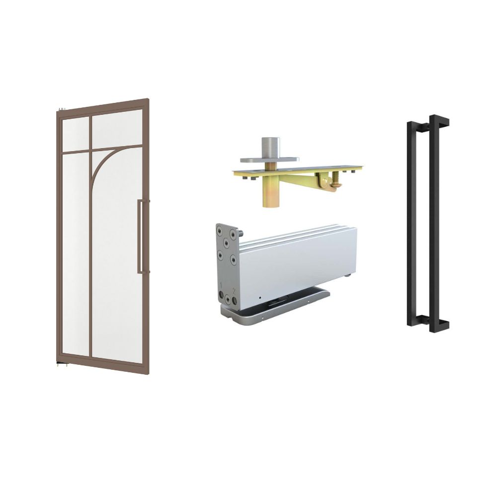 Steel glass pivot door with bronze powder coating, including hardware and frame components for modern architectural design.