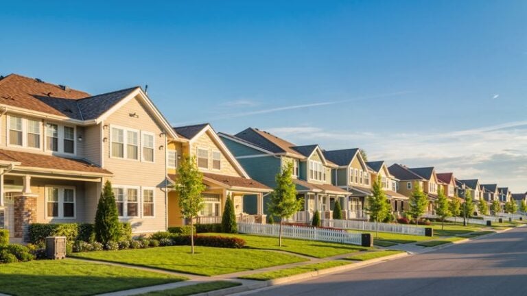 A row of modern suburban houses with well-maintained lawns and trees under a clear blue sky, showcasing contemporary American residential architecture.