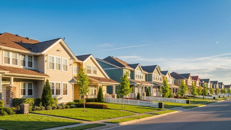 A row of modern suburban houses with well-maintained lawns and trees under a clear blue sky, showcasing contemporary American residential architecture.