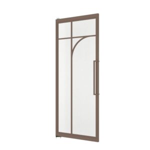 Modern metal frame steel glass pivot door with bronze powder coating, featuring a sleek handle and minimalist design, ideal for contemporary architectural applications.