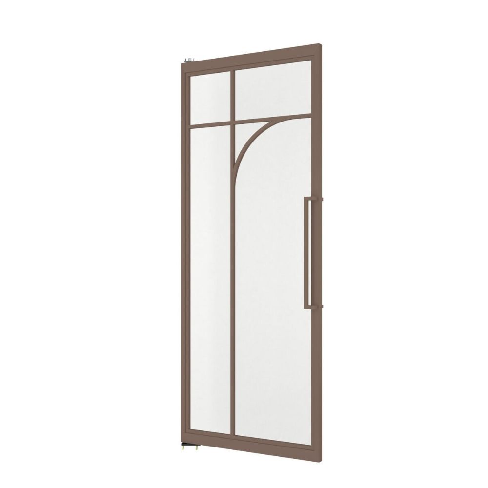 Modern metal frame steel glass pivot door with bronze powder coating, featuring a sleek handle and minimalist design, ideal for contemporary architectural applications.