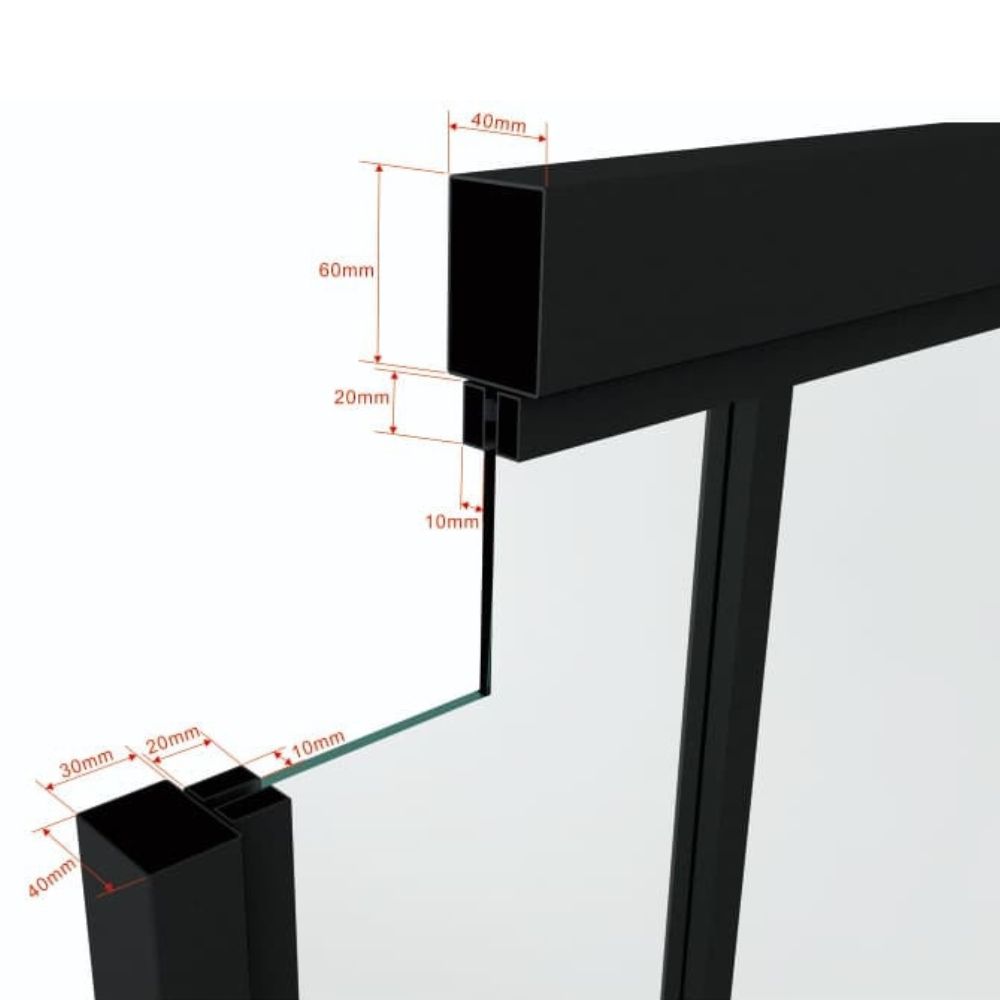 Close-up of a steel glass pivot door with bronze powder coating, showing detailed measurements of the frame and glass panel for construction and design reference.