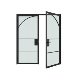 Modern metal frame steel glass hinged double door with black finish, suitable for commercial or residential use, featuring clear glass panels and secure locking mechanism.