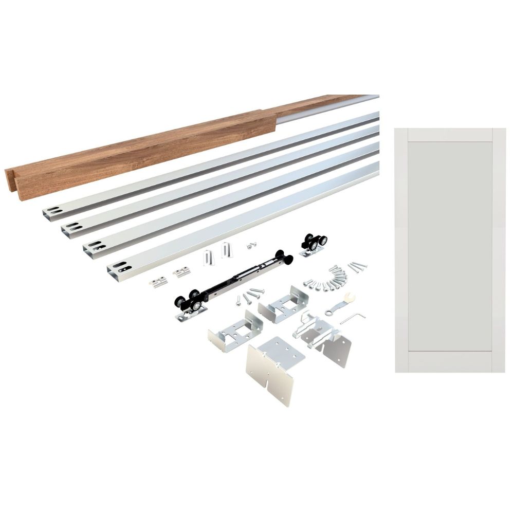 Disassembled white primed shaker door with pocket sliding system components including rails, rollers, and hardware for installation.