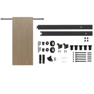 Complete concealed sliding barn door hardware system with wooden door, metal tracks, rollers, brackets, and mounting hardware for modern interior design.