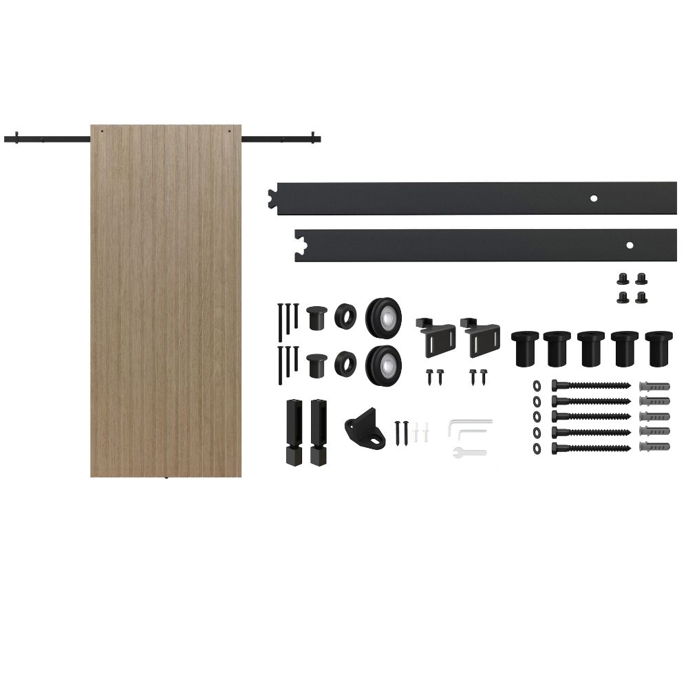 Complete concealed sliding barn door hardware system with wooden door, metal tracks, rollers, brackets, and mounting hardware for modern interior design.