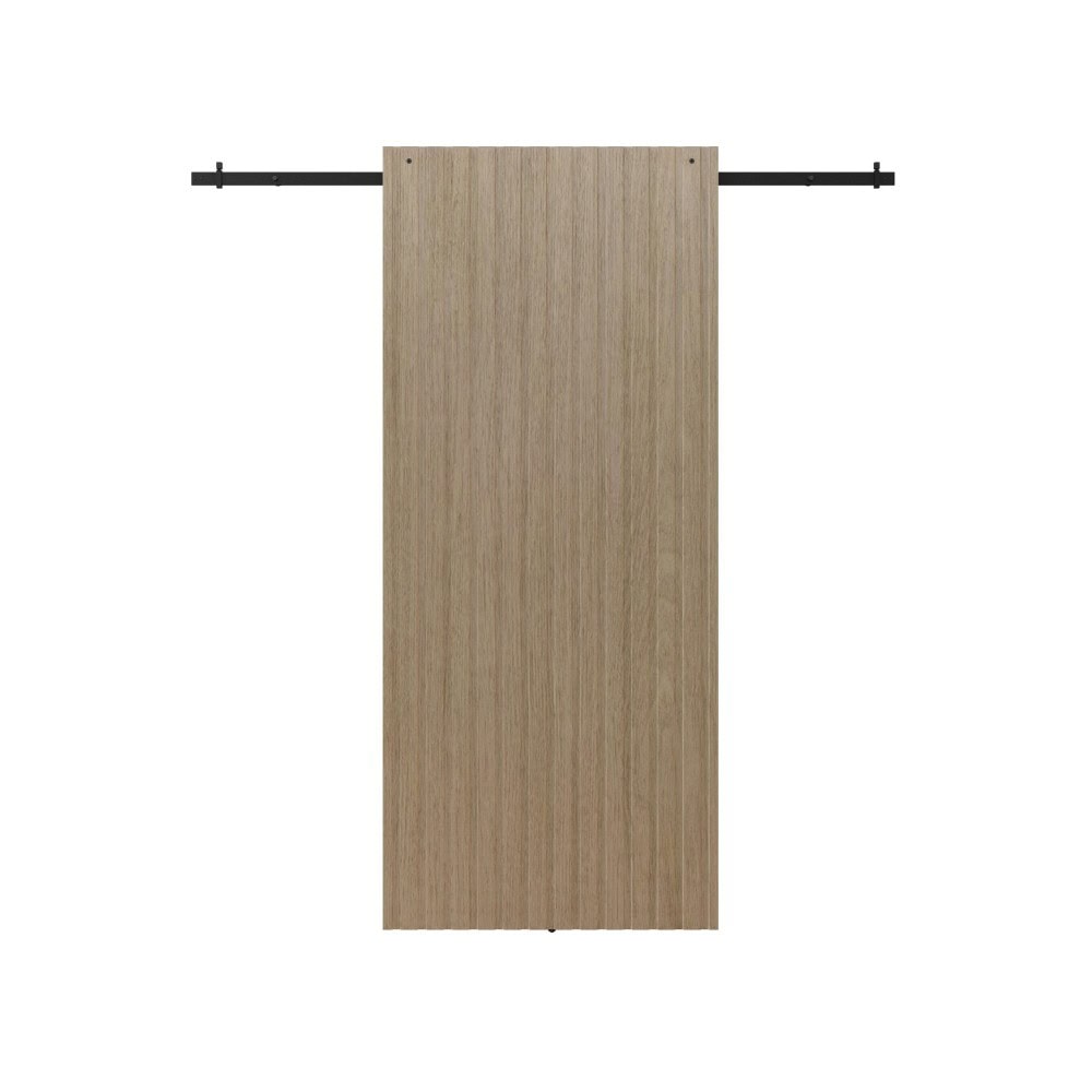 Wooden sliding barn door with black wall mount hardware for space-saving interior design.