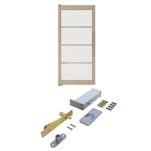 Complete 3 Lites wood and glass pivot door set with hardware, including door, hinges, handle, and accessories for modern interior design.