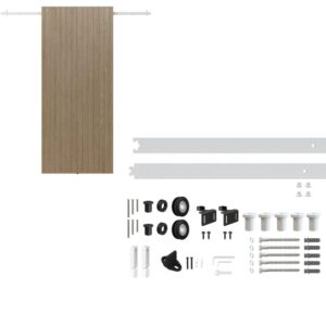 Complete sliding barn door hardware kit with wooden door, rails, rollers, screws, and accessories for easy installation.