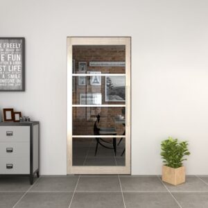 Modern Tengyu wood and glass pivot door with hardware set, featuring sleek design and clear glass panels, installed in a contemporary interior setting.