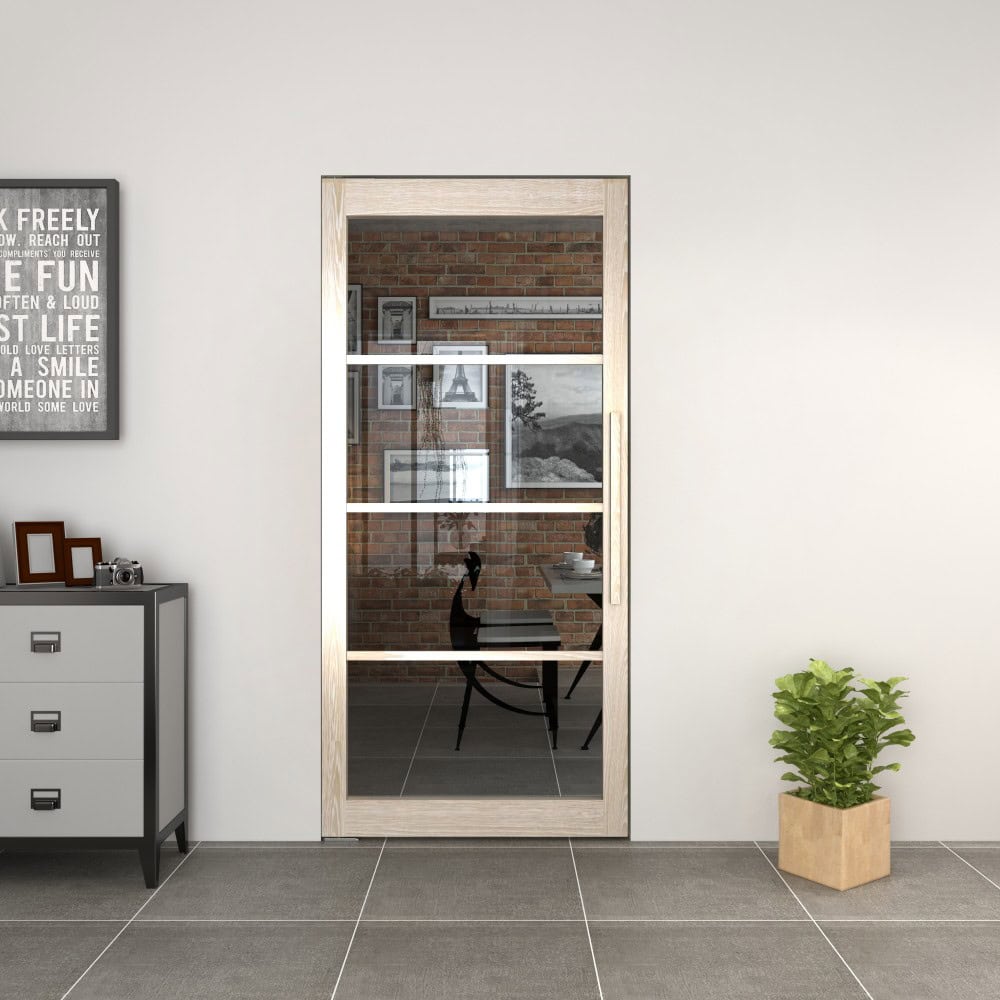Modern Tengyu wood and glass pivot door with hardware set, featuring sleek design and clear glass panels, installed in a contemporary interior setting.