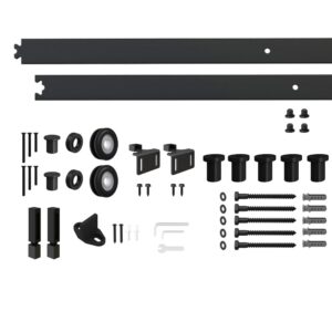 Complete black sliding barn door hardware kit with rails, rollers, brackets, screws, and accessories for concealed installation.