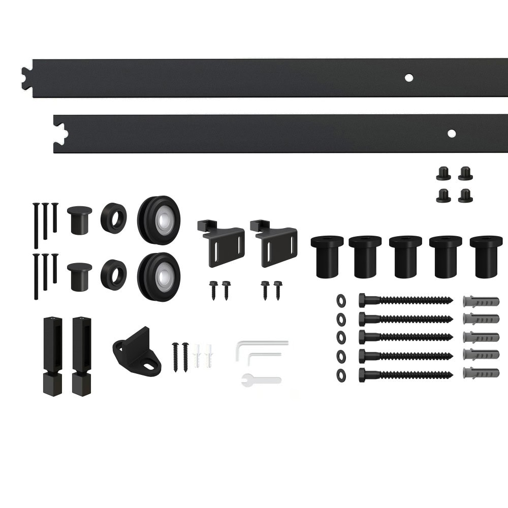 Complete black sliding barn door hardware kit with rails, rollers, brackets, screws, and accessories for concealed installation.