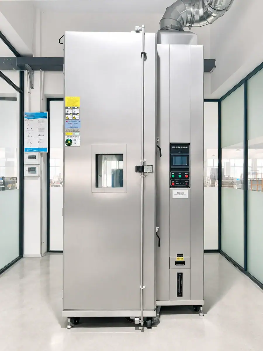Large industrial environmental test chamber with control panel and observation window, used for testing product durability under various conditions.