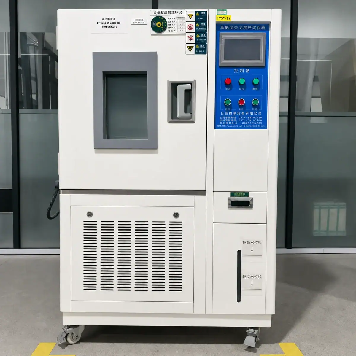 Advanced environmental testing chamber with digital control panel and temperature monitoring for precise testing conditions.