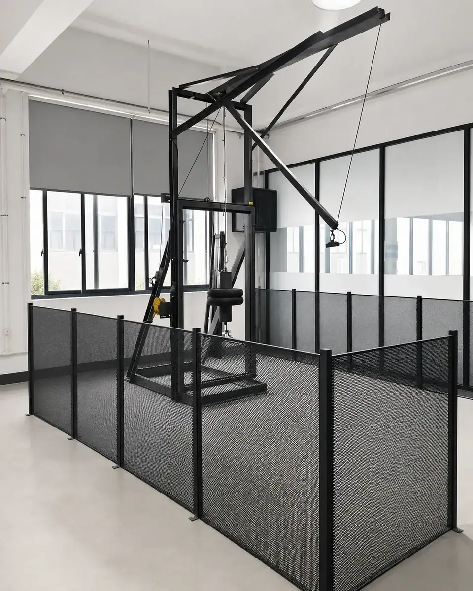 Modern industrial crane equipment in a clean, well-lit factory setting with safety barriers and large windows.