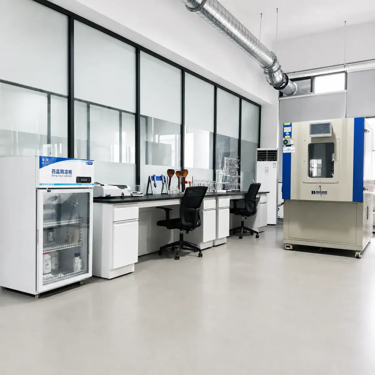Modern laboratory workspace with workbenches, chairs, and scientific equipment in a clean, well-lit environment.