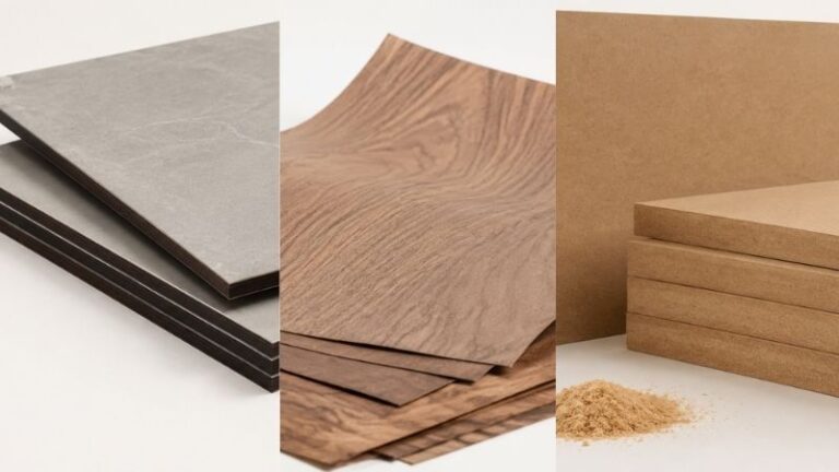 Close-up of different materials used for seamless doors including MDF, HDF, veneer, and HPL, showcasing their textures and finishes.