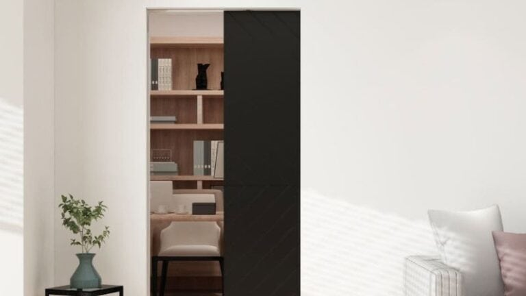 Contemporary bedroom with a sleek black sliding door separating the sleeping area from the closet.