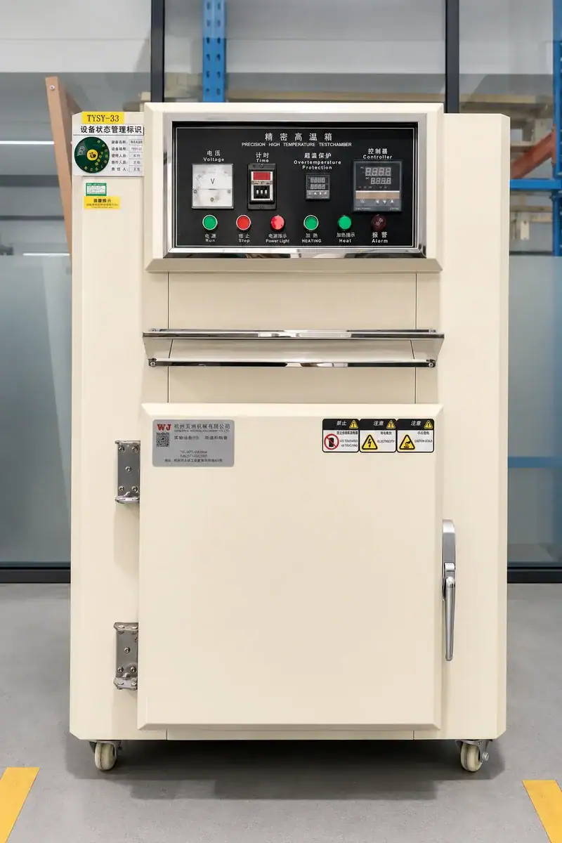 Industrial electrical control panel used in manufacturing, featuring digital displays, control buttons, and safety indicators, essential for automation processes.