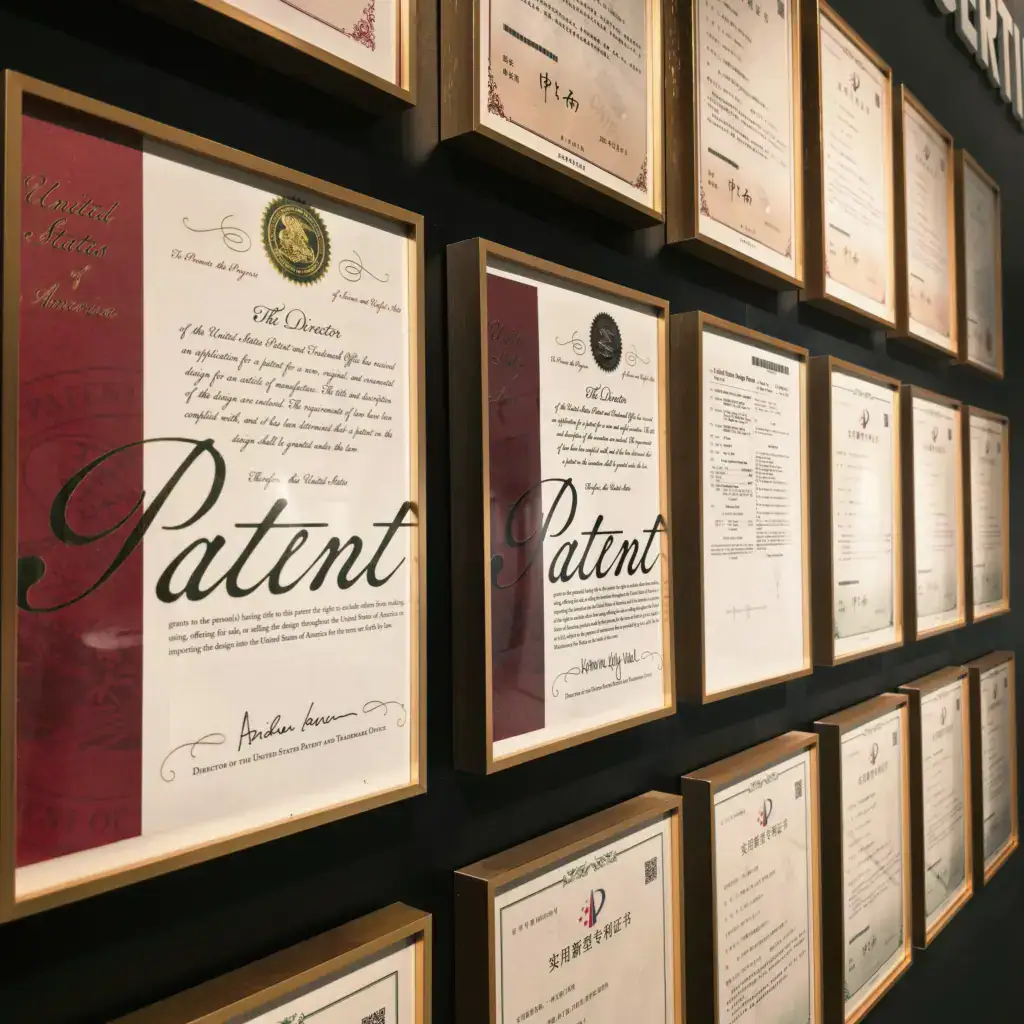 Wall display of multiple framed patent certificates at Tengyu, showcasing innovation and intellectual property achievements.