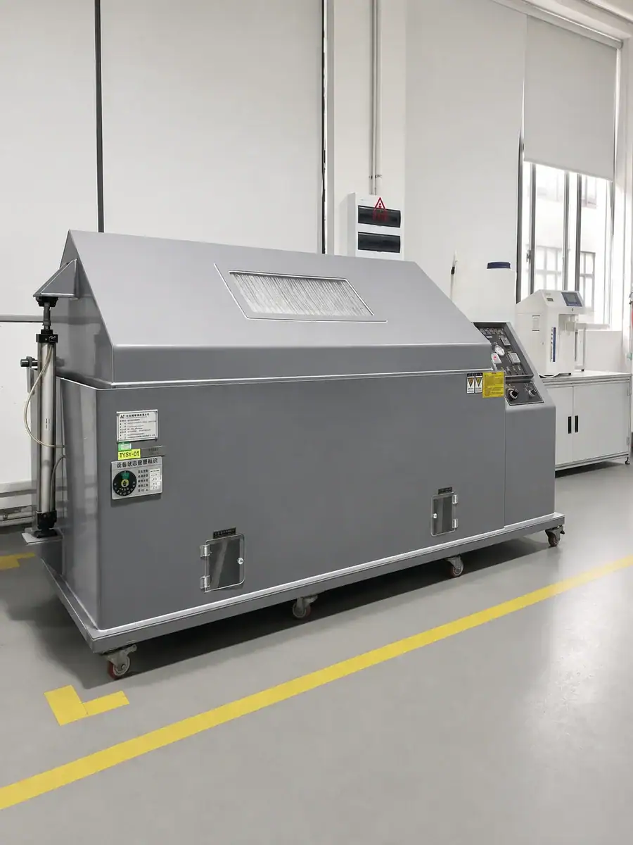 Large industrial testing machine in a modern factory setting with control panel and safety features.