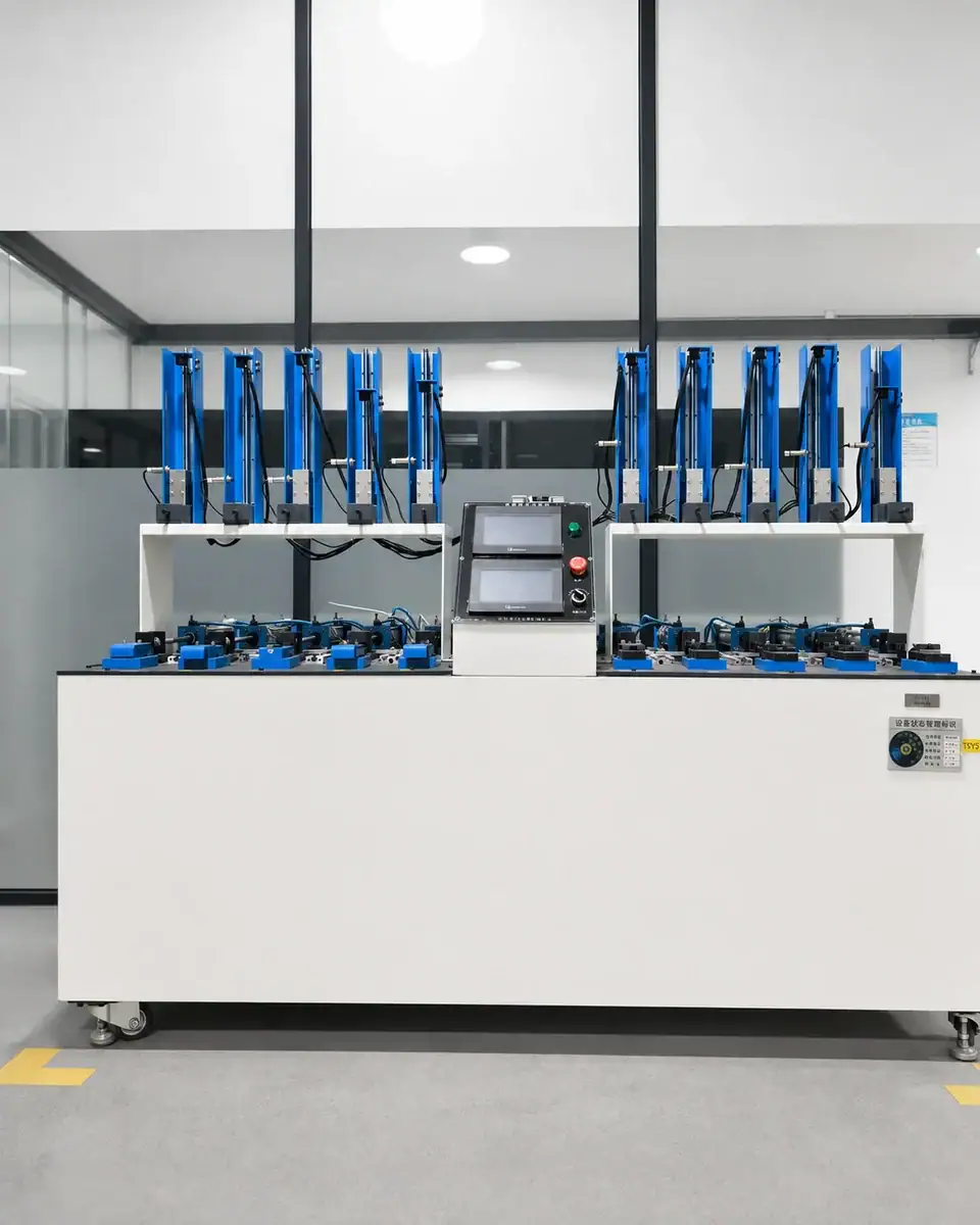 High-tech automated manufacturing machine with multiple robotic arms and control panel, used for precision assembly in industrial production.