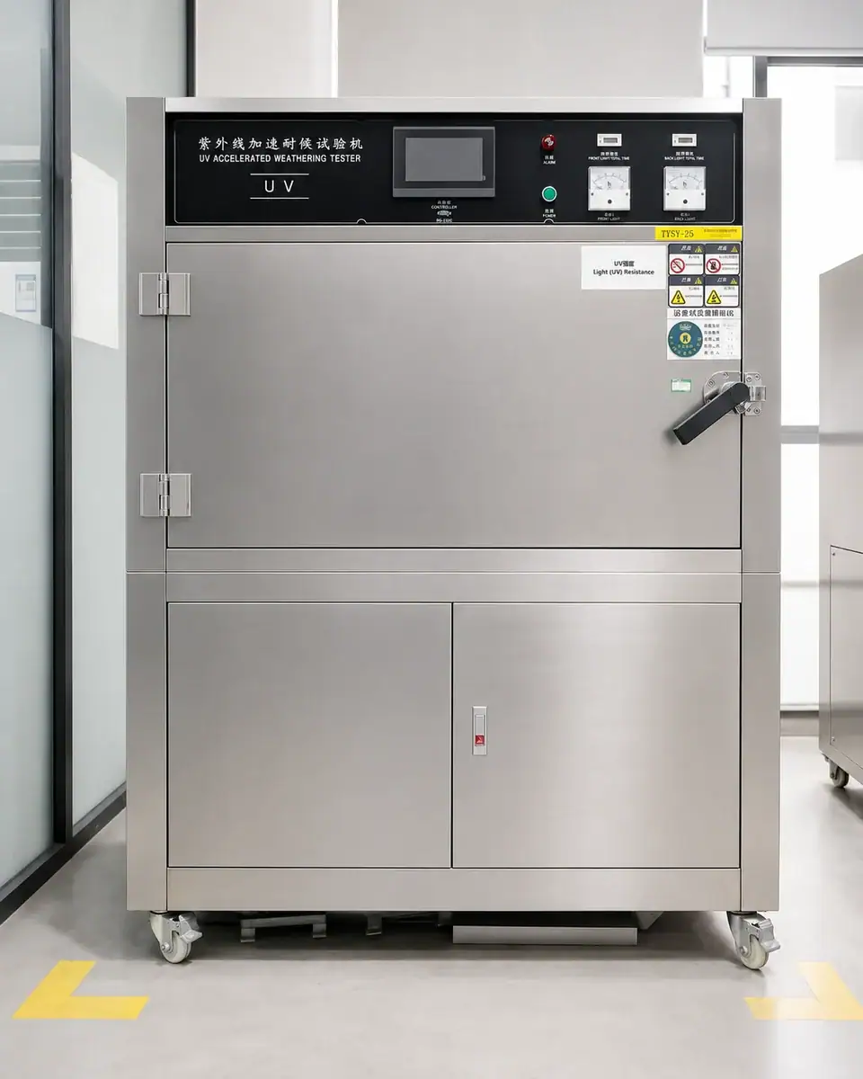 UV accelerated weathering tester used for material durability testing in laboratories, featuring digital controls and safety labels.