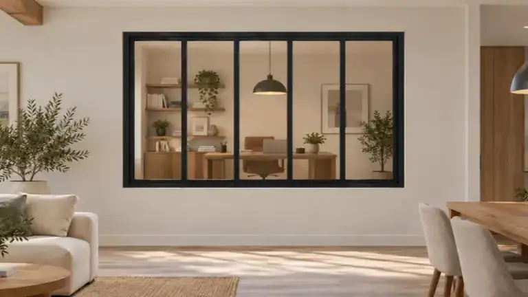 Modern interior window with black frame and sliding glass panels, separating a stylish home office from the living room.