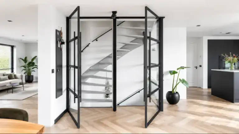 Contemporary steel-framed glass partition around a spiral staircase in a modern home interior, emphasizing sleek design and transparency.