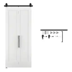 White MDF bi-fold barn door with black sliding hardware kit, ideal for interior room dividers or stylish entryways.