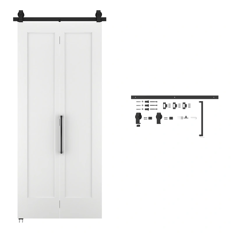 Puerta corrediza plegable de granero de MDF blanco de 36 x 84 pulgadas con kit de herrajes deslizantes negros — 悬浮图