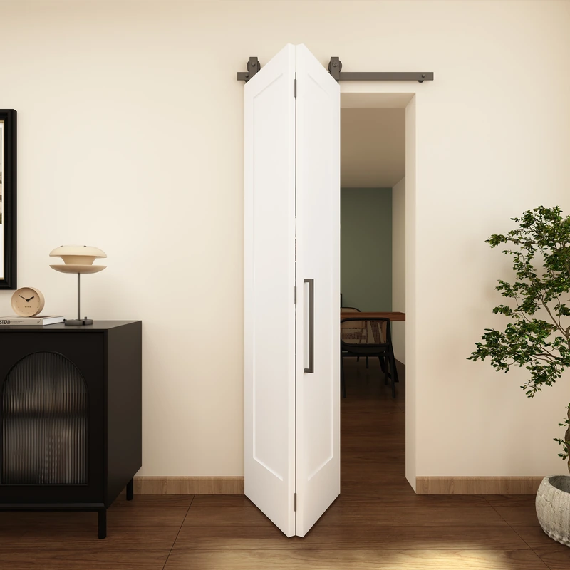 Puerta corrediza tipo granero de MDF blanco de 36 x 84 pulgadas con kit de herrajes deslizantes negros — Imagen 01