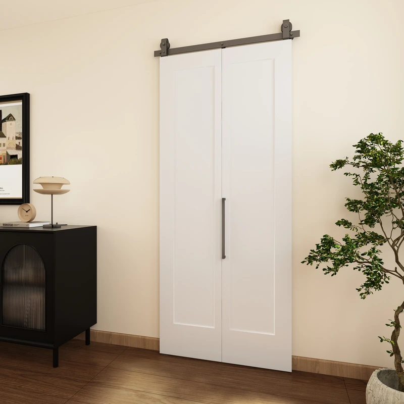 Puerta corrediza tipo granero de MDF blanco de 36 x 84 pulgadas con kit de herrajes deslizantes negros — Imagen 02