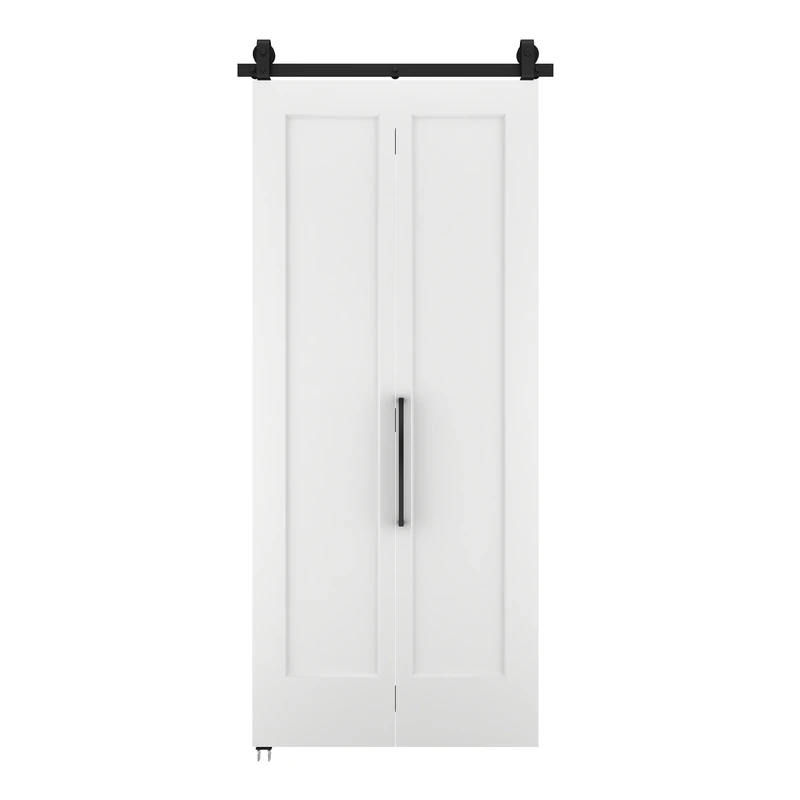Puerta de granero plegable de MDF blanco de 36 x 84 pulgadas con kit de herrajes corredizos negros — 门整体与细节图 01