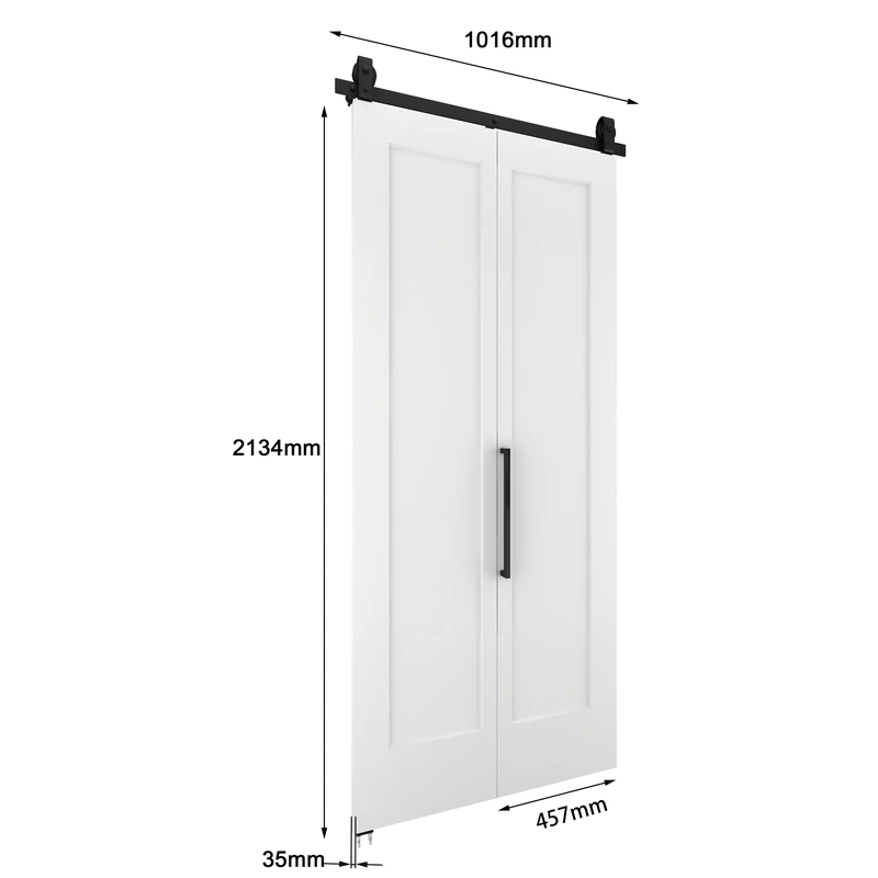 Puerta de granero plegable de MDF blanco de 36 x 84 pulgadas con kit de herrajes corredizos negros — 尺寸与安装线图 01