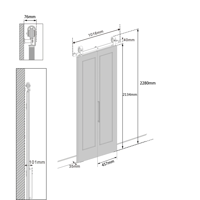 Puerta de granero plegable de MDF blanco de 36 x 84 pulgadas con kit de herrajes corredizos negros — 尺寸与安装线图 02